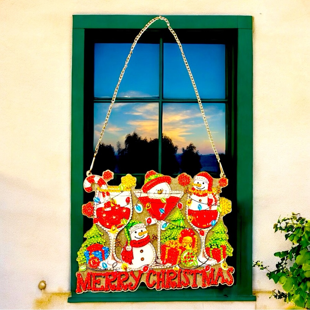 Snowman & Drink Hanging Sign Merry Christmas Hand Crafted Diamond Art 8” Festive